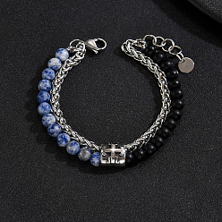 Blue Spot Jasper Natural Blue Spot Jasper and Frosted Obsidian Round Beaded 2-Strand Bracelets with 201 Stainless Steel Wheat Chains for Men Women, Stainless Steel Color, 9.06 inch(23cm)