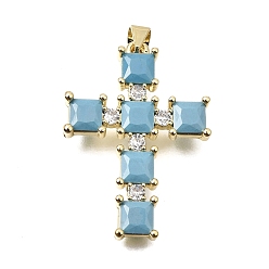Light Blue Brass Pave Cubic Zirconia Pendants, Cross with Square Charms, Long-Lasting Plated, Cadmium Free & Lead Free, Real 18K Gold Plated, Light Blue, 32.5x23x3.5mm, Hole: 4x3.5mm