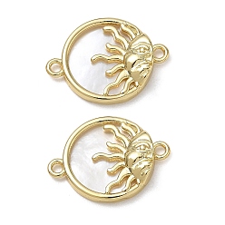 Real 18K Gold Plated Brass & Natural White Shell Connector Charms, Sun Links, Long-Lasting Plated, Rack Plating, Lead Free & Cadmium Free, Real 18K Gold Plated, 15x21x4mm, Hole: 1.6mm