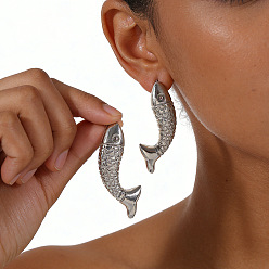 Platinum Alloy Stud Earrings for Women, Fish, Platinum, 45x13mm