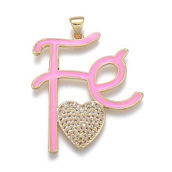 Pearl Pink Brass Micro Pave Cubic Zirconia Pendants, with Enamel, Long-Lasting Plated, Golden, Letter and Heart, Pearl Pink, 35x30.5x3mm, Hole: 3x5mm