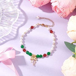 Зеленый Природного сердолика, браслеты из натурального лазурита и тигрового глаза, с оболочкой шарик перлы, бантом, зелёные, 8-1/4 дюйм (20.8 см)