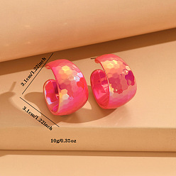 Orange Red Acrylic & Stainless Steel Stud Earrings for Women, Half Hoop Earrings, Orange Red, 31x31mm