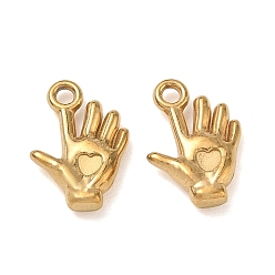 Real 18K Gold Plated 304 Stainless Steel Charms, Palm with Heart Charms, Ion Plating(IP), Real 18K Gold Plated, 15x11x3mm, Hole: 1.8mm