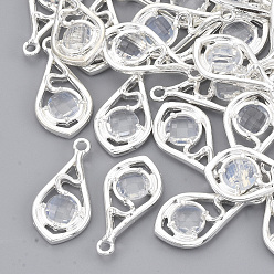Alice Blue Faceted Glass Pendants, with Eco-Friendly Alloy Open Back Settings, Nickel Free, Teardrop, Silver Color Plated, Alice Blue, 21x11x3.5mm, Hole: 1.6mm