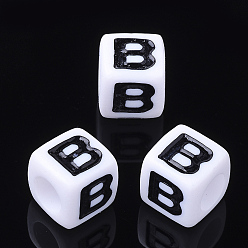 Letter B Letter Acrylic Beads, Cube, White, Letter B, Size: about 7mm wide, 7mm long, 7mm high, hole: 3.5mm, about 2000pcs/500g