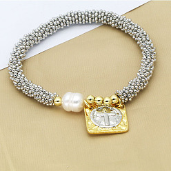 (52) Непрозрачная лаванда 304 из нержавеющей стали круглые бусины растянуть браслеты, браслеты с подвесками для женщин, квадратный с крестом, с латунью и пресноводным жемчугом, разноцветные, 6-3/4 дюйм (17 см)