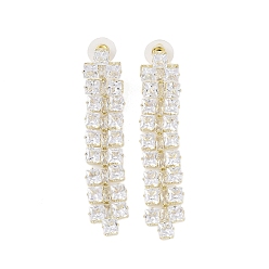 Golden Brass Micro Pave Cubic Zirconia Stud Earrings, Rectangle, Golden, 68x13.5mm