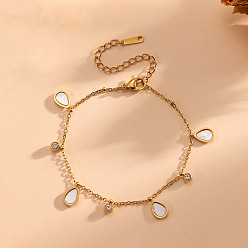 Teardrop 304 Bracelets multi-breloques en acier inoxydable et coquillage blanc naturel pour femmes, avec de la zircone cubique clair, or, larme, 6.30 pouce (16 cm)