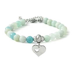 Flower Amazonite Браслеты из амазонита из натуральных цветов, сердце 304 браслеты-подвески из нержавеющей стали для женщин, 6-7/8 дюйм (17.5 см)
