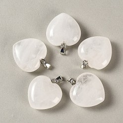Quartz Crystal Natural Quartz Crystal Pendants, Heart Charms, with 304 Stainless Steel Snap on Bails, Stainless Steel Color, 32~33x30x14~15mm, Hole: 7.5x4mm