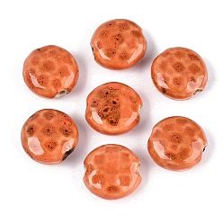 Coral Vintage Handmade Porcelain Beads, Fancy Antique Glazed Porcelain, Flat Round, Coral, 18.5~19.5x8~9mm, Hole: 2.2~3mm