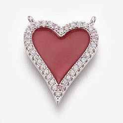 Real Platinum Plated Brass Micro Pave Cubic Zirconia Pendants, with Enamel, Long-Lasting Plated, Heart, Lead Free & Nickel Free & Cadmium Free, Real Platinum Plated, 26x20x2.5mm, Hole: 1.2mm