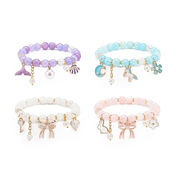 (52) Непрозрачная лаванда Эластичный браслет из синтетического кракле кварца и натурального желтого нефрита с бусинами, Браслет из сплава и искусственного жемчуга для женщин, разноцветные, Кулон : 10~22x6 мм, внутренний диаметр: 2-1/8 дюйм (5.4 см)