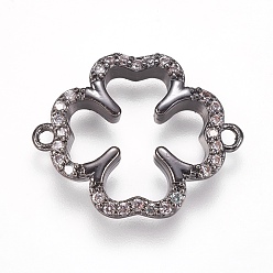 Черный Цвет Металла Латунные микро проложить кубических ссылки циркония, клевер, прозрачные, металлический черный , 18.2x15x2.5 мм, отверстие : 1 мм