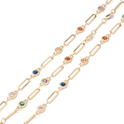 Colorful Handmade Brass Link Chains, with Cubic Zirconia, Flat Round and Oval, Long-Lasting Plated, Soldered, with Spool, Lead Free & Cadmium Free, Golden, Colorful, Link: 3x10x0.4mm, 8.5x5x2mm