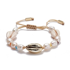 PapayaWhip Natural Pearl & Cowrie Shell Braided Bead Bracelet, Vintage Adjustable Bracelet for Women, PapayaWhip, Inner Diameter: 1-3/4~3-1/4 inch(4.4~8.3cm)