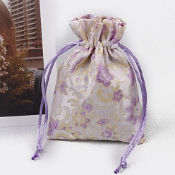 Medium Purple Chinese Style Rectangle Satin Cloth Flower Printed Drawstring Gift Bags, Storage Bags, Medium Purple, 12x9cm