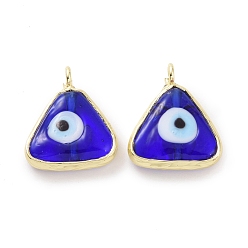 Blue Handmade Evil Eye Lampwork Charms, with Real 18K Gold Plated Tone Brass Findings, Triangle Charm, Blue, 12x13x4mm, Hole: 2mm