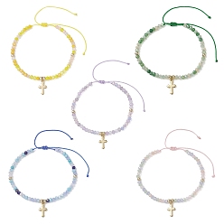 (52) Непрозрачная лаванда 04 браслеты с подвесками в виде маленького крестика из нержавеющей стали, браслеты из плетеных стеклянных бусин рондель для женщин, разноцветные, внутренний диаметр: 1-5/8~3-1/4 дюйм (4.1~8.3 см)