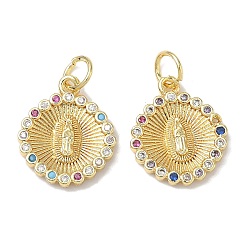 Плоский Круглый Подвески из латуни с кубическим цирконием на тему святой девы, с целью перехода в кольце, без свинца и без кадмия, долговечный, стойки покрытие, плоско-круглые, 16x13x2 мм, отверстие : 3 мм
