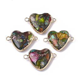 Разноцветный Соединители в сборе из синтетической имперской яшмы, с позолоченными латунными петлями, сердце, золотые, красочный, 21x29x7~8 мм, отверстие : 2.5 мм