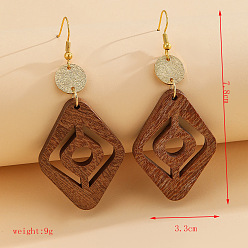 Rhombus Wood & Alloy Dangle Earrings, Golden, Rhombus, 78x33mm