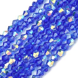 Королевский синий Гальванизируйте прозрачное стекло бисер нитей, двухконусные, с покрытием AB цвета, граненые, с половиным покрытием, королевский синий, 4.5x3.5~4 мм, отверстие : 0.8~1 мм, около 82~83 шт / нитка, 12.01''~12.20'' (30.5~31 см).