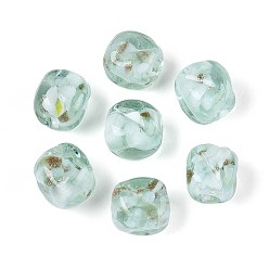 Средний Аквамарин Бусины ручной работы бусины золотого песка, кубовидной с цветком, с фарфором, средний аквамарин, 12~13x10~11x10~11 мм, отверстие : 1.2~1.5 мм