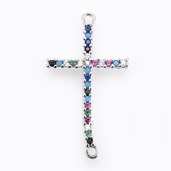 Platinum Brass Micro Pave Cubic Zirconia Links, Sideways Cross, Colorful, Platinum, 28.5~29.5x16x2mm, Hole: 1.4mm