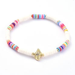 PapayaWhip Handmade Polymer Clay Heishi Bead Stretch Bracelets, with Conch Shape Brass Clear Cubic Zirconia Beads and Round Brass Beads, PapayaWhip, 2-1/4 inch(5.7cm)