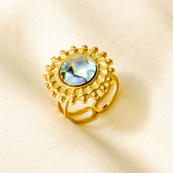 Настоящее золото 18K 304 Открытые кольца-манжеты из нержавеющей стали с натуральными ракушками для женщин, солнце, реальный 18 k позолоченный, 20 мм, внутренний диаметр: 17 мм