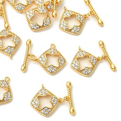 Real 18K Gold Plated SHEGRACE Bras Micro Pave Clear Cubic Zirconia Toggle Clasps, Rhombus, Cadmium Free & Lead Free & Nickel Free, Real 18K Gold Plated, 17x17x3mm, Hole: 1.3mm