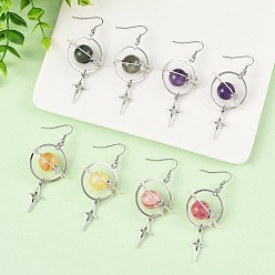 Mixed Stone 4 Pairs 4 Styles Natural Gemstone & Alloy Pendant Dangle Earrings, Planet, 316 Surgical Stainless Steel Dangle Earrings for Women, 70x31.5mm, 1 pair/style