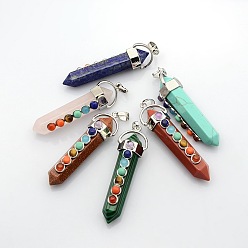 Смешанные камни Ювелирные изделия с чакрой для йоги, латунные драгоценные камни с платиновым покрытием, с двойным концом, заостренные большие подвески, натуральный и синтетический смешанный камень, 58x17x16 мм, отверстие : 7x6 мм