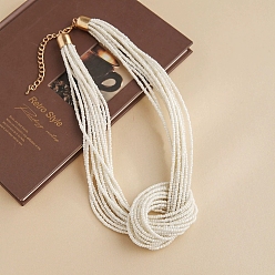 Белый Многорядные ожерелья из стеклянных бусин в стиле бохо, узел, С золотыми результатами железа, белые, 24.57 дюйм (62.4 см)