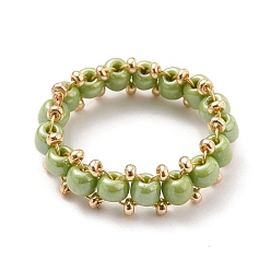 Green Yellow Round Glass Seed Beaded Finger Rings, with Real 18K Gold Plated Copper Wire, Green Yellow, US Size 10 3/4(20.3mm)