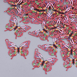 Red Printed Brass Pendants, Etched Metal Embellishments, Butterfly, Red, 16.5x19x0.3mm, Hole: 1.5mm