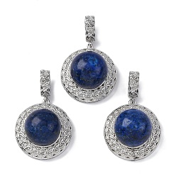 Ляпис-Лазурь Крашеные природные лазурит подвески, плоские круглые подвески из латуни с платиновым покрытием, стойки покрытие, долговечный, 35.5x22.5x15.5~16 мм, отверстие : 8x4 мм