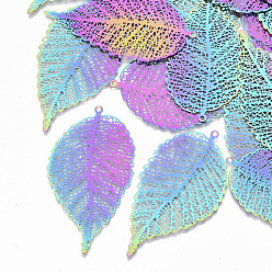 Rainbow Color Ионное покрытие (ip) 201 большие филигранные подвески из нержавеющей стали, гравированные металлические украшения, лист, Радуга цветов, 63x34x0.3 мм, отверстие : 1.6 мм