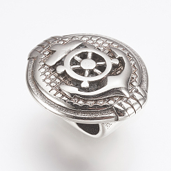 Античное Серебро 316 многожильные звенья из хирургической нержавеющей стали, для изготовления кожаных браслетов, плоский круглый с рулем и якорем, античное серебро, 19x17x10 мм, отверстие : 5 мм