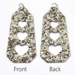 Dark Khaki PU Leather Big Pendants, with Sequins/ Paillettes and Platinum Tone Iron Jump Rings, Polygon with Heart, Dark Khaki, 62x31x2mm, Hole: 5mm