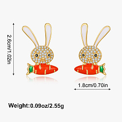 Золотой Серьги-гвоздики из латуни с микропаве из прозрачных кубических цирконий в форме кролика, с эмалью, золотые, 26x18 мм