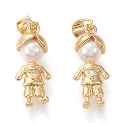 Настоящее золото 18K Латунные микропаве прозрачные подвески с фианитом, с жемчугом из раковины , долговечный, мальчик, реальный 18 k позолоченный, 19x8x6.5 мм, отверстие : 5x3.5 мм