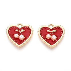 (123L) Белый крем непрозрачный блеск Подвески из эмали и сплава, с ABS имитации жемчуга, сердце с вишневым шармом, золотые, огнеупорный кирпич, 17.5x18x4 мм, отверстие : 1.8 мм