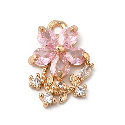 Бледно-Розовый Латунные микро проложить кубического циркония подвески, без никеля , со стеклом, цветок, золотые, розовый жемчуг, 15x10.5x3 мм, отверстие : 1.4 мм