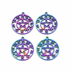 Rainbow Color 201 Stainless Steel Hollow Pendants, Flat Round with Star & 12 Constellations, Rainbow Color, 28x25x1.5mm, Hole: 2mm
