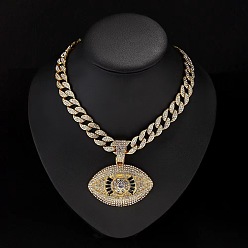 Золотой Мужские кубинские звенья цепи из цинкового сплава, полностью украшенные кристаллами и стразами, с черной эмалью и кулоном от сглаза, золотые, 17.72 дюйм (45 см)