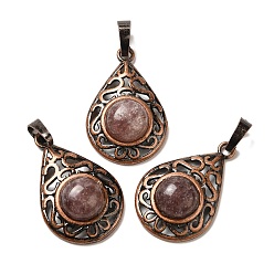 Клубничный Кварц Натуральные кварцевые подвески из клубники, латунные подвески-капли, Красная медь, без свинца и без кадмия, 30x19.5x7.5 мм, отверстие : 5x8 мм