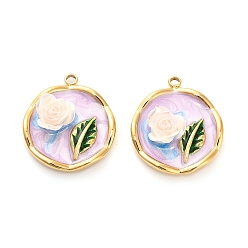 Розовый 304 нержавеющей стальной эмали подвески, cmолой, плоские круглые с цветком, ионное покрытие (ip), реальный 18 k позолоченный, туманная роза, 22x19x5 мм, отверстие : 1.8 мм
